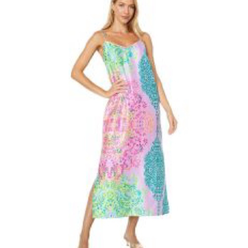 Lilly Pulitzer Bellalyn Satin Midi dress in Sunshine Vibes, EUC, XLarge